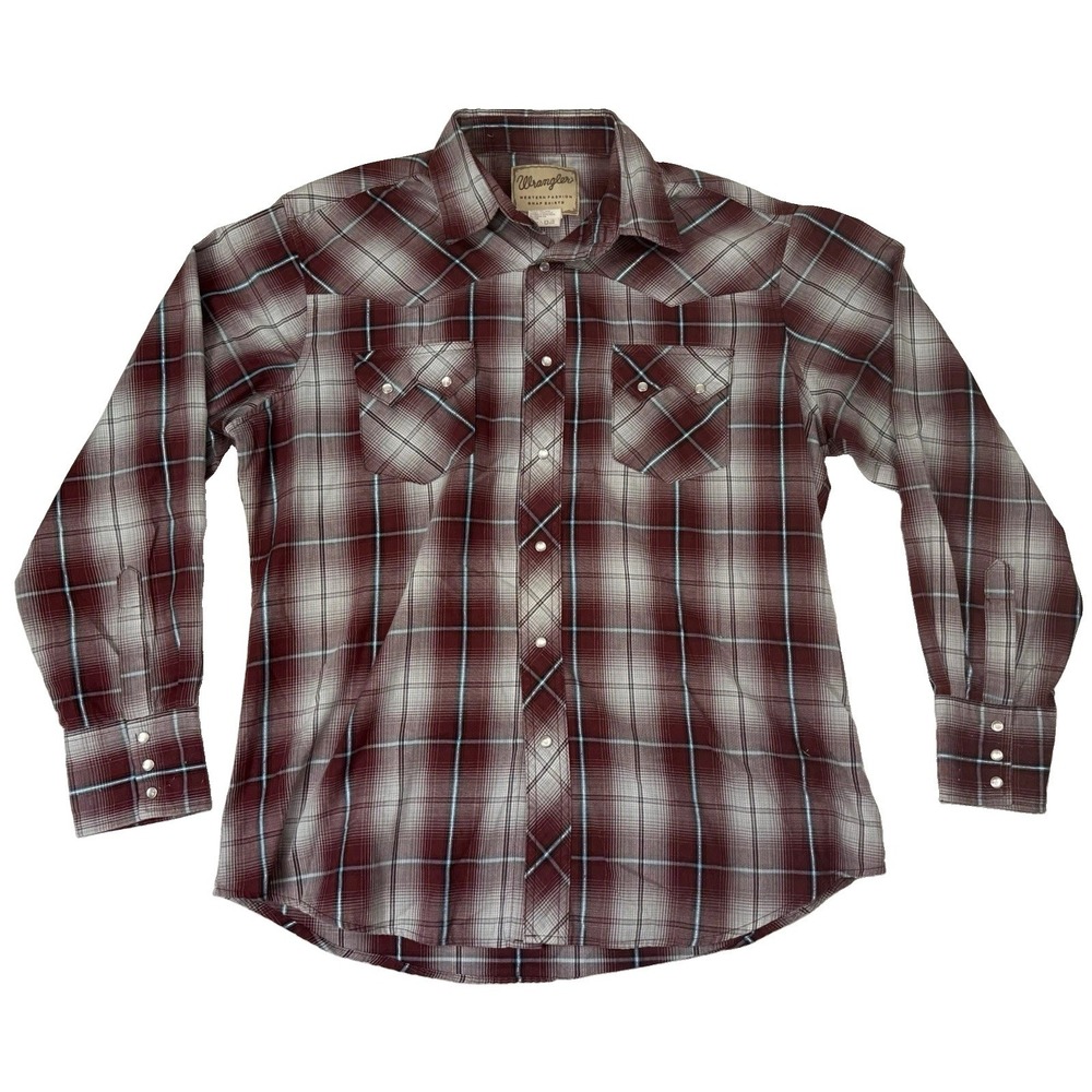 Wrangler Western Pearl Snap Shirt Men Medium Red Plaid Sawtooth Pocket Button Up